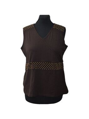 JM Collection Top Womens 1X Brown Beaded Smocked V Neck Sleeveless Blouse New